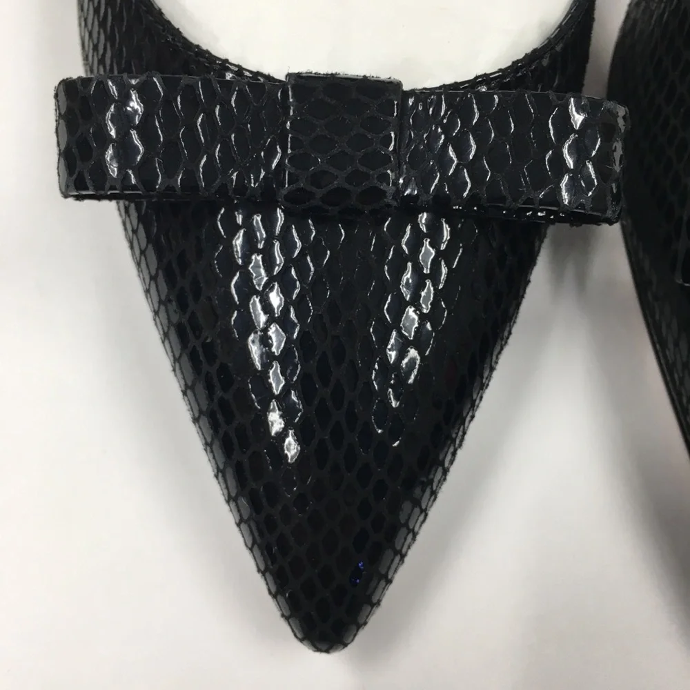 J Crew Snake Embossed Leather Kitten Heel Ankle Strap 8 Black Bow Wedding Party